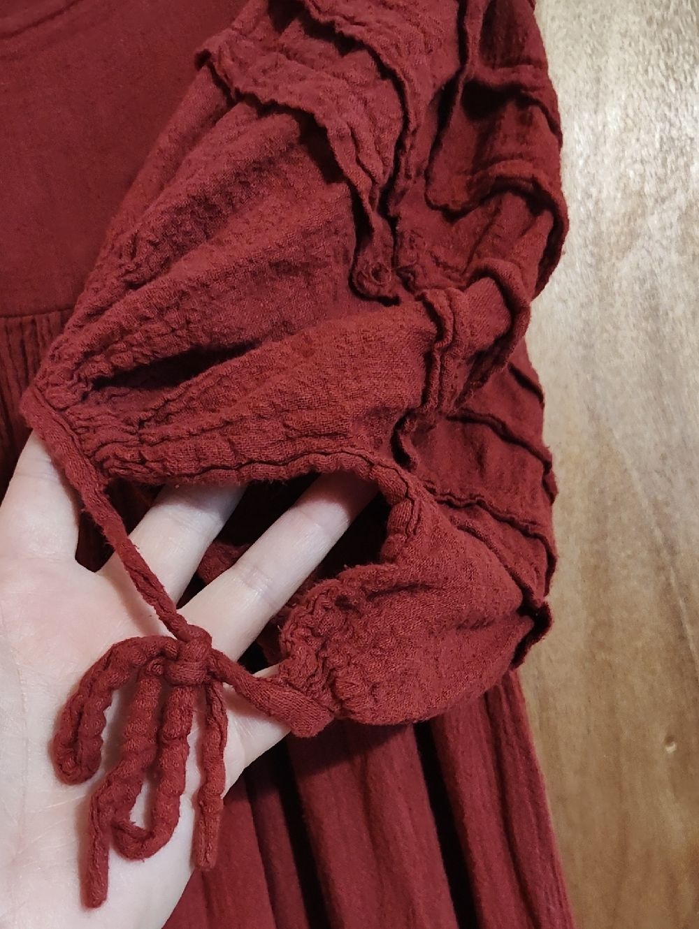 Boho Peasant Dress Brick Red Slub Puff Sleeve Ruffled Tiers Victorian Ren Fair S - Picture 10 of 16